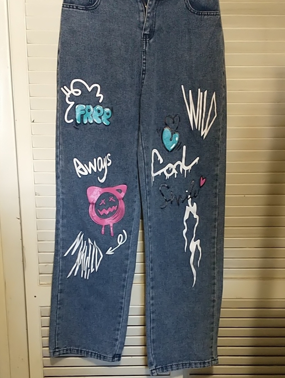 Shein Blue Graphic Streetwear Jeans Sz 16 Y Pink & Teal Accents